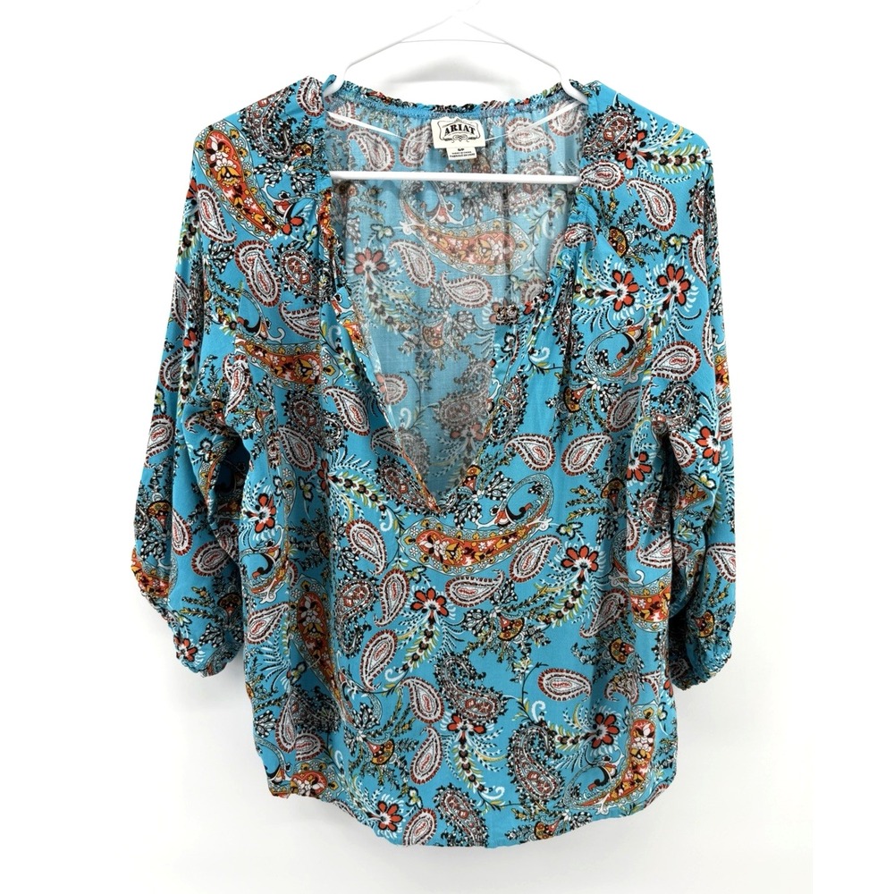 Ariat Paisley Print Turquoise Blue V Neck Blouse 3/4 Sleeve Western Boho Women S